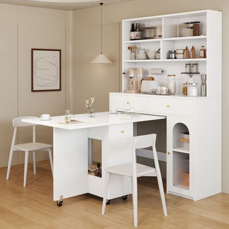 Buffet de cuisine en MDF blanc avec table rabattable, portes en verre ondulé, 120x45x180 cm et 120x75x75 cm (1/5)