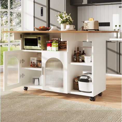 Îlot de cuisine 120x30x79.5 cm blanc en MDF et verre avec plateau rabattable et rangement (1/5)