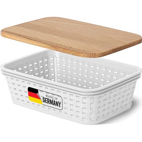 Boîte de rangement Novaliv avec couvercle en bois Mini panier 1L blanc en rotin Panier de rangement alimentaire Boîte empilable Boîte en plastique