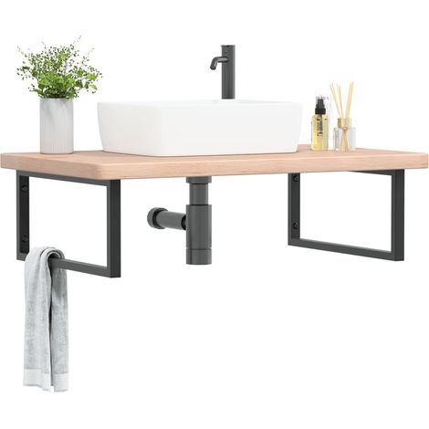 Waschtischplatte mit Halterung Stahl und Massivholz Eiche