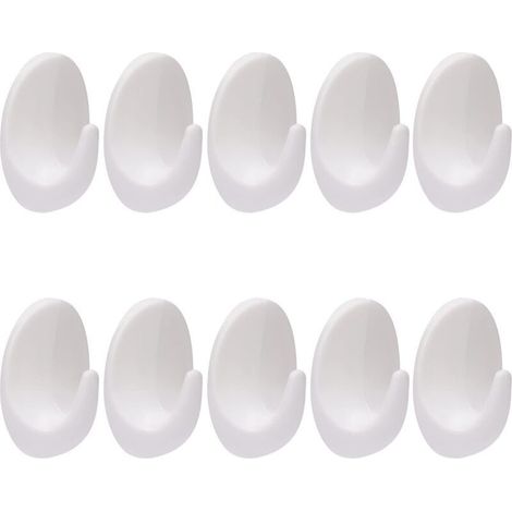 Lot de 10 crochets muraux blancs autocollants en plastique blanc sans perçage - Crochets muraux réutilisables à coller sur des crochets muraux amovibles en plastique pour salle de bain, chambre (1/5)