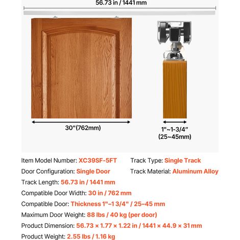VEVOR Sliding Pocket Door Hardware Track Kit, 56.73" Pocket Door Track Kit with Soft Close Mechanism for Smooth and Quiet Sliding, Easy to Install, for 1" to 1 3/4" Thickness 30" Width Single Door (1/4)