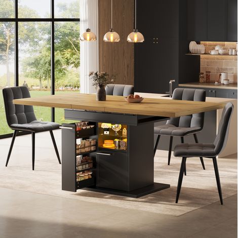 Tavolo da pranzo allungabile 110-140 x 80 x 77,2 cm con illuminazione a LED, vano contenitore e ripiani in vetro, MDF nero (1/5)