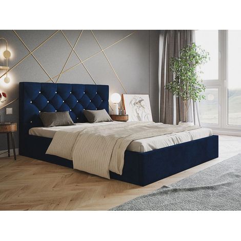 Lit rembourré avec rangement 120x200 velours bleu Selva (1/5)