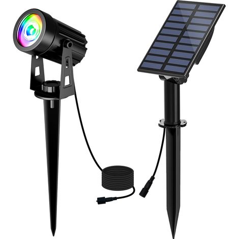 Spot Solaire Extérieur Couleur Lampe Solaire Jardin avec 2 Modes d'Éclairage Projecteur Solaire Réglable Etanche IP65, 3 Mètres Câble, Auto on/off pour Jardin, Cour, Allée, Chemin (1/5)