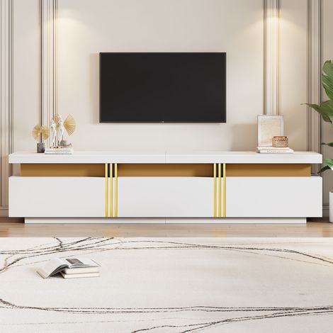 Elegant White TV Stand with Faux Marble Top,Gold Accents,3 Drawers for TVs up to 89"-Stylish Media Console