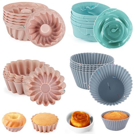 Moule Muffins Silicone, 24 Pièces Réutilisables Moules Muffins, 4 Modèles Anti-adhésif Moule Cupcake, Facile à démouler, Cuisson Moulle Patisserie pour Air Fryer Gâteaux, Crème et Pudding,Parent,-