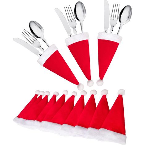 Ensemble de 50 porte-couverts en forme de chapeau de Père Noël, pochettes à couverts festives pour les fêtes de Noël, décorations de table, accessoires de rangement pour couverts de Noël (1/5)