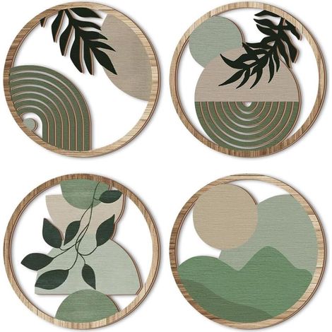 suspension murale ronde creuse décorative en chêne Décoration murale bohème 4 pcs art géométrique (1/5)
