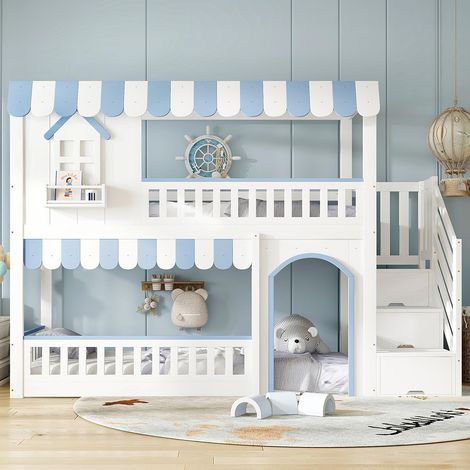 Lit superposé pour enfants 90 x 200 cm, avec escalier et rangement, encadrement de fenêtre et détails décoratifs, blanc et bleu (1/5)