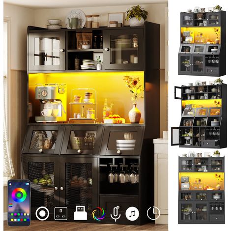 Armario de cocina 120x40x181,7 cm – Mueble alto con USB, vitrina expositor almacenamiento multifuncional, puertas de vidrio y LED, negro (1/5)