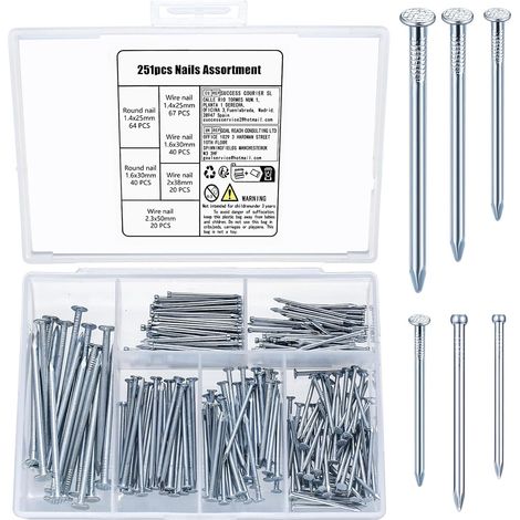251 Pièces Assortiment de Clous, Clous Muraux en Béton, Pointes et Clous d’Accrochage pour Accrocher Images Travail du Bois (1/5)