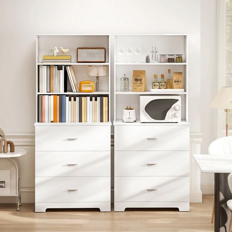 Armoire bibliothèque vitrée avec 3 tiroirs, 3 étagères ouvertes, pour salon cuisine, 79x39,5x180 cm, Blanc (1/5)