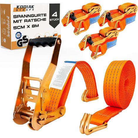 4 Lots de Sangles à Cliquet 8m x 4000kg avec Crochets - Sangles d'Arrimage 50mm Orange pour la Sécurisation des Chargements - DIN en 12195-2 (1/5)