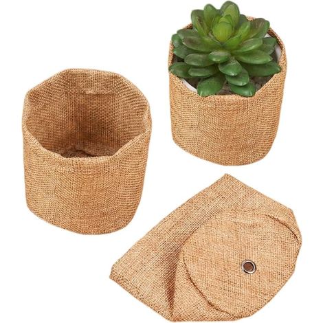 Bolsas de almacenamiento pequeñas de yute con tres bolsillos para macetas de plantas suculentas, color natural. (1/3)