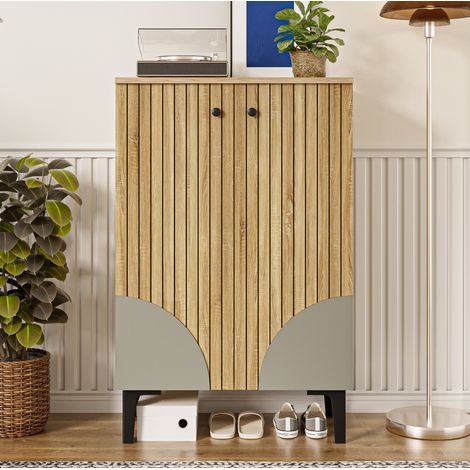 Schuhschrank 60x32x94 cm Naturfarben aus MDF, Spanplatte und PVC mit Türen und Stauraum (1/5)