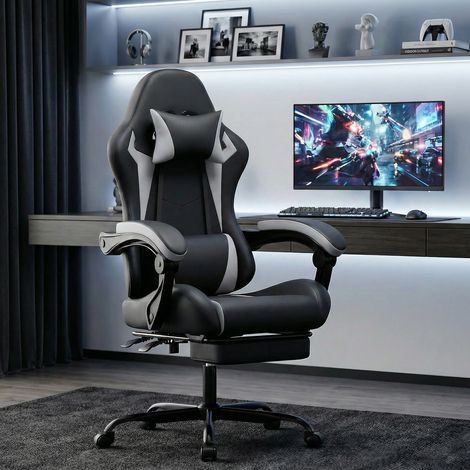 Silla ergonómica ajustable para juegos con reposapiés, reposacabezas y soporte lumbar, PVC blanco y negro (1/5)