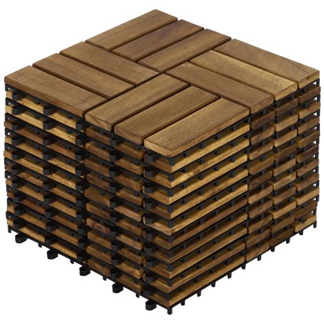 11 dalles de terrasse emboîtables à motif damier, carrées de 30,5 cm x 30,5 cm, en bois dur d'acacia jaune, pour terrasse, balcon, bord de piscine... (1/5)