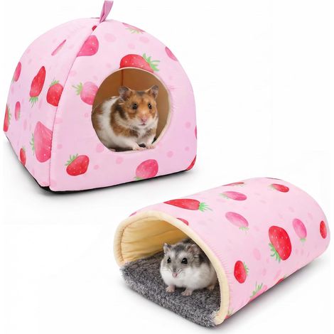 Set of 2 Houses for Guinea Pigs and Tunnel, House and Tunnel for Guinea Pig, Washable Small Animal House for Ferret, Hedgehog, Chinchilla, Hamster and Small Animals (Strawberry) (1/5)
