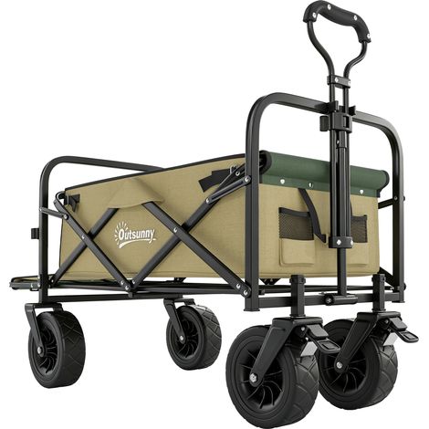Chariot de jardin 110L avec poignée télescopique et fond ouvrable en acier et tissu Oxford, kaki (1/5)