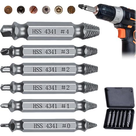Extracteur de Vis 6 Pièces, Extracteur Vis Cassée HSS 4341, Coffret de Retire Endommagée pour Perceuse et Visseuse, Outil Dévisseur Rouillées et Abîmées,argenté (1/5)