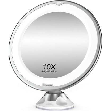 Specchio per il trucco ingranditore 10x con luci a LED, 1 giunto sferico, specchio cosmetico portatile regolabile a 360° per bagno e viaggio (1/4)