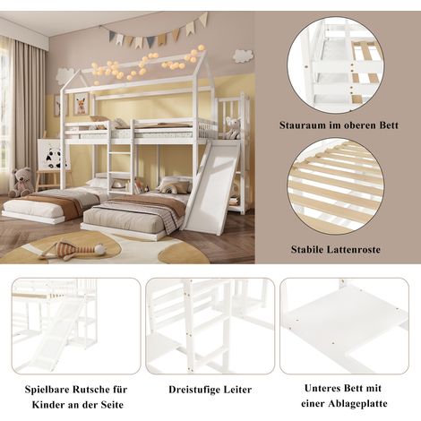 Lit superposé enfant 3 couchages, structure robuste en pin et MDF blanc 90x200cm, avec toboggan et toit original, rangement intégré sous le lit supérieur. (1/5)