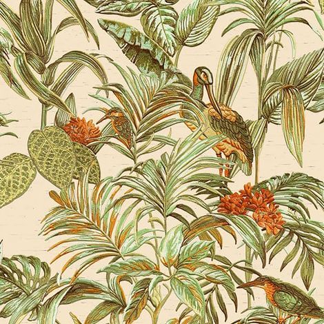 Cream Green Orange Tropical Wallpaper Birds Palm Textured Paste the Wall Vinyl (1/3)