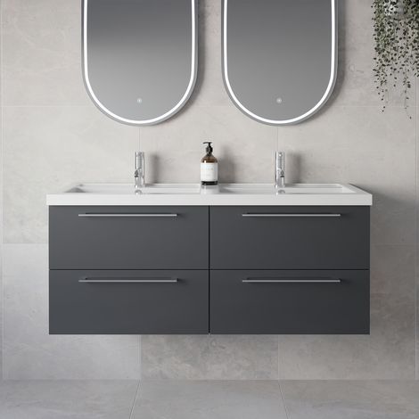 Napoli 390 Gloss Grey 1200mm Wall Mounted 4 Drawer Vanity Unit with Double Lucia Basins - 1200mm - Chrome 320mm Handle