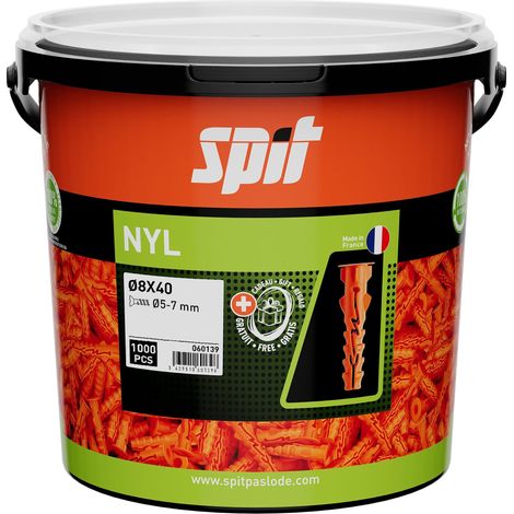 Spit – Cheville nylon 8 x 40 mm – Collet pour béton – Charge jusqu'à 80 kg – Seau de 1000 pièces
