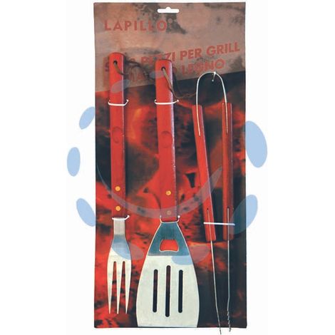 ATTREZZI ACCIAIO INOX PER BARBECUE IN SET 3 PEZZI