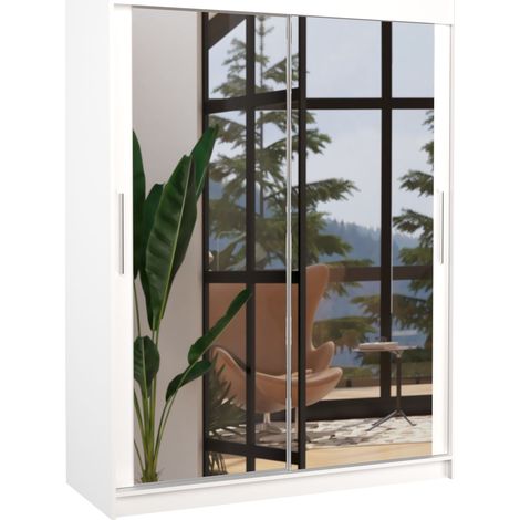 Les Tendances – Armoire de chambre blanche 2 portes coulissantes avec miroir – Largeur 150 cm – Hauteur 200 cm – Profondeur 58 cm – Panneau laminé blanc mat (1/5)