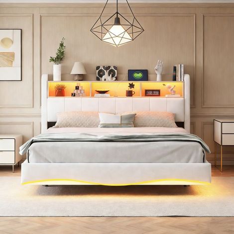 NEXU Doppelbettstruktur, 160 x 200 cm, Schwimmendes Bett, Bett mit LED-Beleuchtung, Kopfteil, USB und Typ-C, Beige