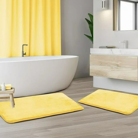 Lot de 2 tapis de bain antidérapants - Mousse à mémoire absorbante, moelleux microfibre - Grand 50x80 cm + Petit 43x60 cm - Jaune doux pour salle de bain