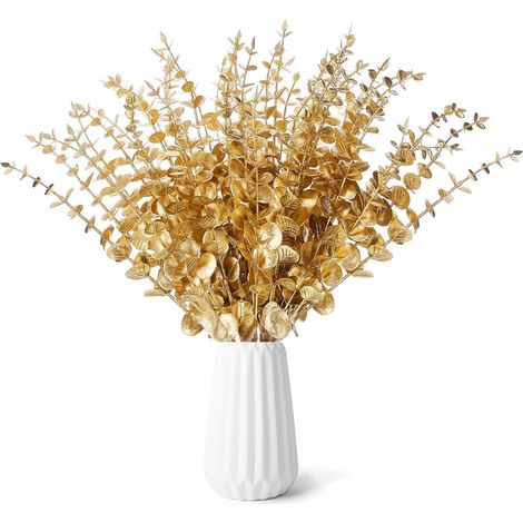 Eucalyptus Artificiel 24 Pièces Feuillage Artificiel Feuille Eucalyptus Plantes Artificielles Branche Decorative Pliez et Coupez à Volonté pour Les Mariages, Fêtes et Décorations (Or)
