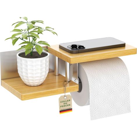 Wandmontierter Toilettenpapierhalter aus Bambusholz [Kein Bohren erforderlich]  Hochwertiger Toilettenpapierspender mit Ablagen  Schwarz  Toilettenpapierrollenhalter