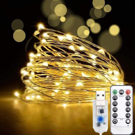 Guirlande lumineuse féérique à micro-LED de 10 m, fil de cuivre étanche, 8 modes d'éclairage, avec télécommande, idéale pour Noël, les mariages et les fêtes, blanc chaud. (1/5)