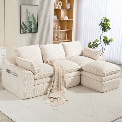 Modulares 3-Sitzer Cordsofa mit Hocker Beige - Frei kombinierbares Sofa mit Federkern, Seitentaschen & Kissen - Bequeme Cord Couch 263x167x85cm (1/5)