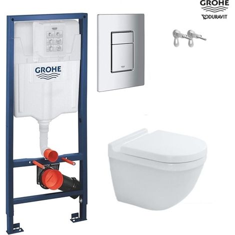 Pack inodoro suspendido con bastidor GROHE rapid c/pulsador cromo brillante c/wc Starck 3 blanco brillo suspendido Rimless Duravit (1/4)
