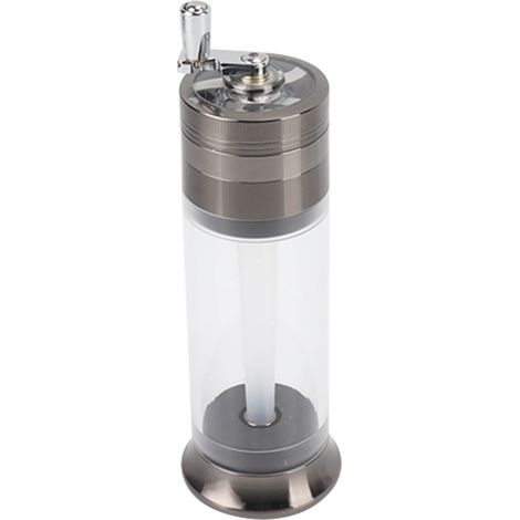 Moulin à épices manuel 50 mm, remplissage conique à 4 niveaux, récipient transparent, bouton-poussoir, gris anthracite, idéal pour la maison et les voyages. (1/5)