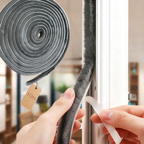 Striscia sigillante autoadesiva a spazzola, 9 mm di larghezza x 15 mm di altezza x 10 mm di lunghezza — Striscia sigillante antivento autoadesiva a spazzola per porte e finestre, grigia. (1/5)