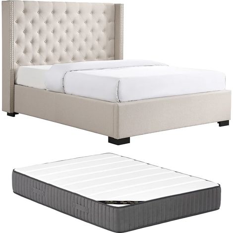 Lit 200 x 200 cm avec tête de lit capitonnée - Tissu - Beige + Matelas - MASSIMO (1/5)