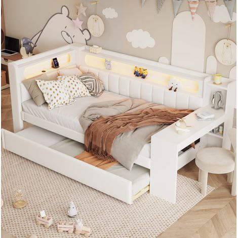 Letto a giorno 237x103.5x93.5 cm con letto estraibile, scrivania integrata, USB, LED, MDF e multistrato bianco (1/5)