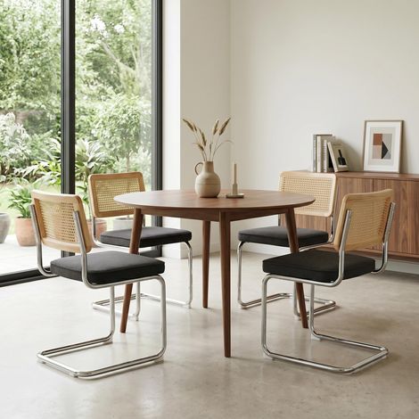 Lot de 4 Chaises Moyen Siècle – Velours et Cannage Doré – Dossier en rotin naturel, piètement chromé, pour salle à manger - Noir (1/5)