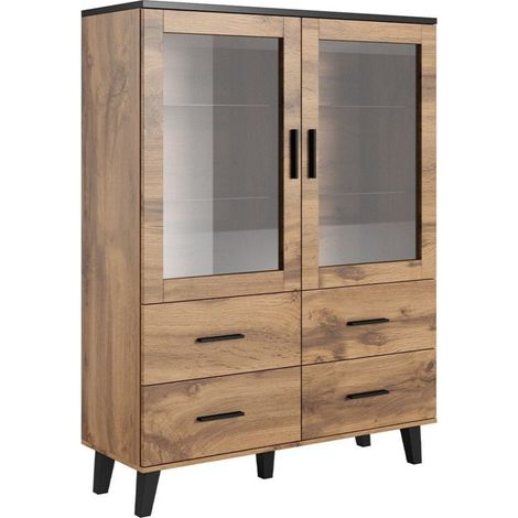 Estantería Larfloi 110, Roble wotan + Negro, Cerrable, Con cajones, Con puertas, Aglomerado laminado, Vidrio templado, Número de puertas: 2, Número de cajones: 4, 160x120x45cm (1/5)