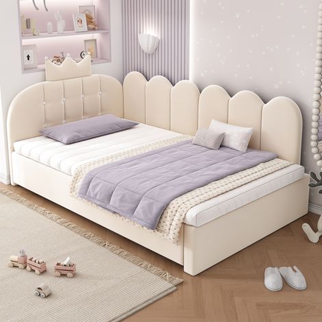 Cama nido de terciopelo beige de 90x200 cm con cama extraíble de 90x190 cm, cabecero con forma de corona y somier de láminas incluido.