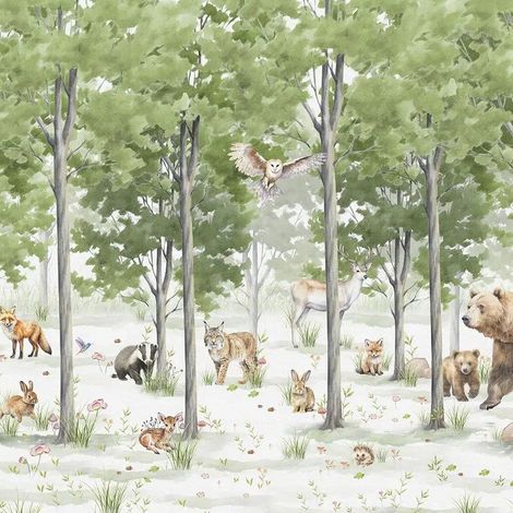 papier peint panoramique forêt avec des animaux de la forêt vert et blanc - Sanders & Sanders (1/5)