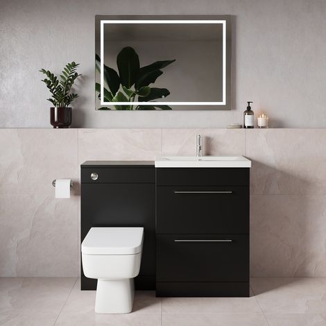 Napoli 390 Matt Black 1100mm 2 Drawer Vanity Unit Toilet Suite with Glide Basin - 1100mm - Chrome 320mm HandleWith Kingston Toilet Pan and Seat
