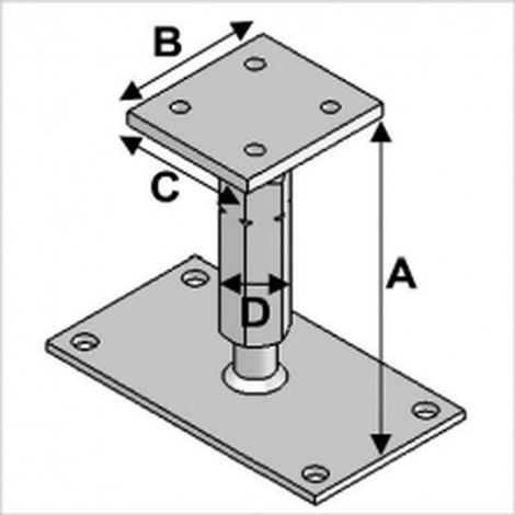 Ancre poteaux à platine réglable en hauteur – Acier galvanisé – Fixation béton – Longueur 140-220 mm – Diamètre M20 mm – 4 trous de 11 mm – Alsafix - ppr190