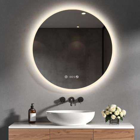 Heilmetz – Miroir lumineux salle de bain rond LED 70 cm – Anti-buée, horloge numérique, température, IP65, éclairage doux ajustable